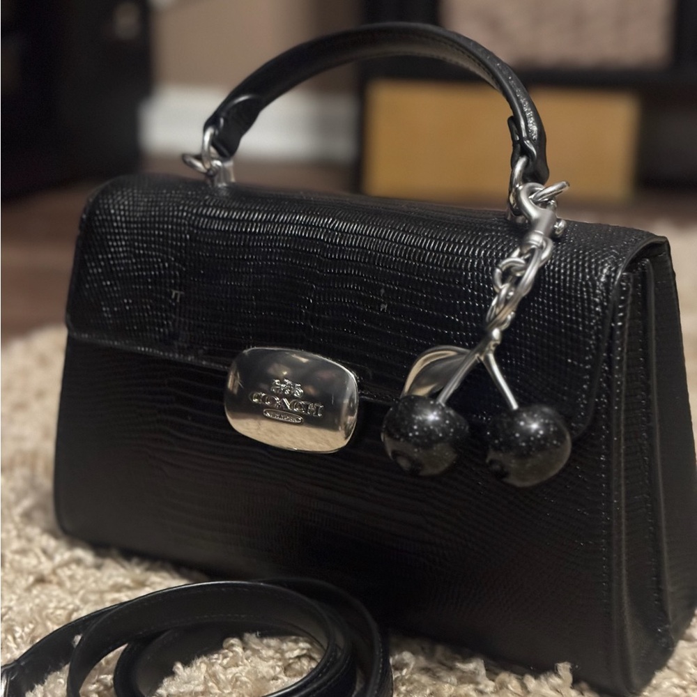 Coach Eliza Black Lizard Embossed Leather Shoulder Bag Flap Crossbody